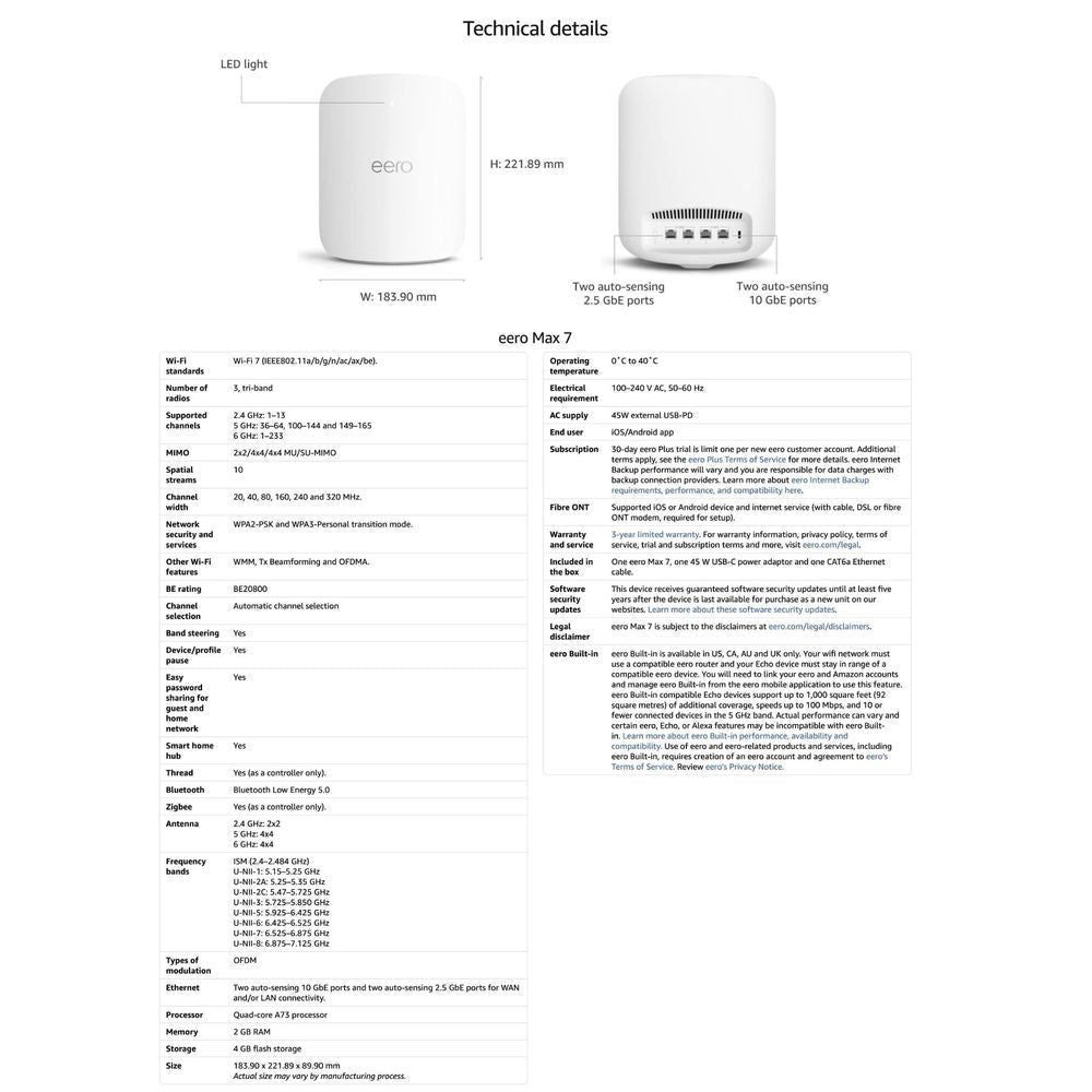eero Max 7 Wi-Fi 7 router technical details diagram with dimensions