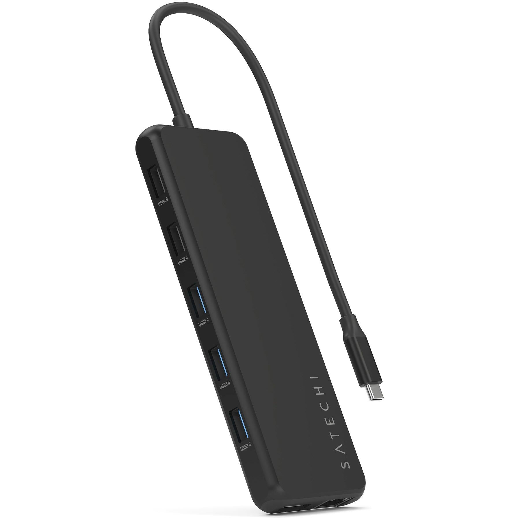 Black slim USB-C multiport hub with USB and HDMI ports, angled side view