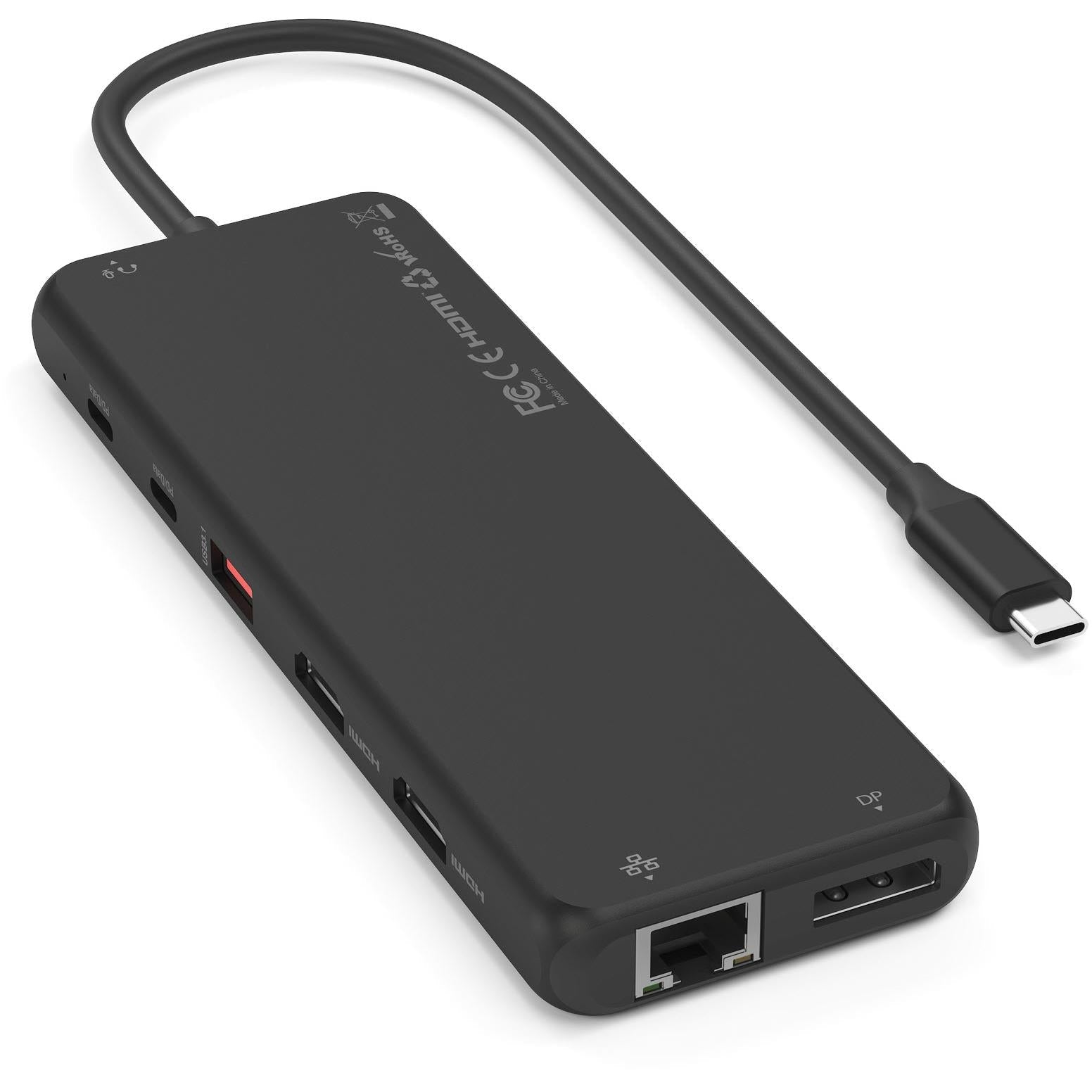 Black USB-C multiport hub with ports on side, cable attached