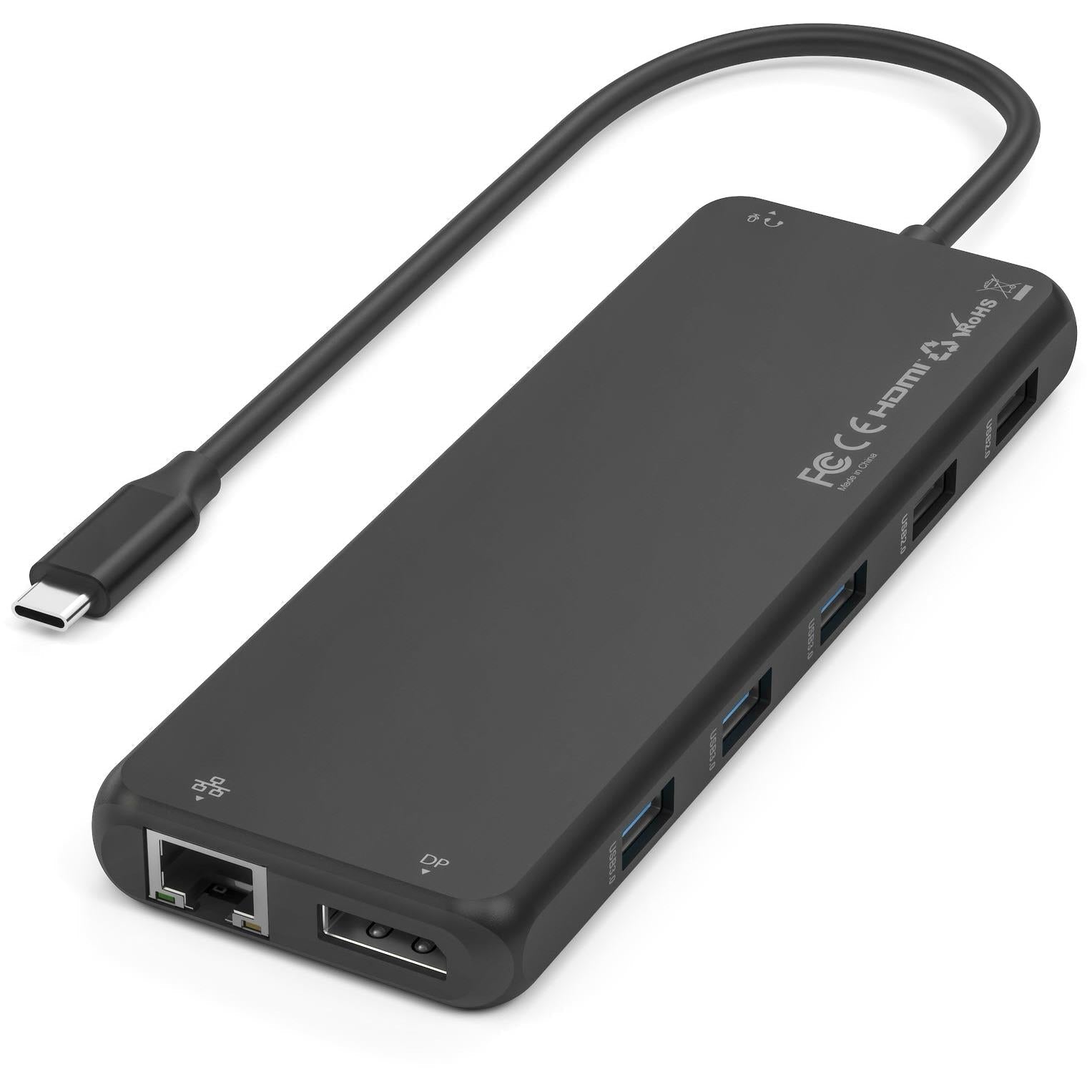 Black multiport hub with USB-C input and multiple USB ports, side view