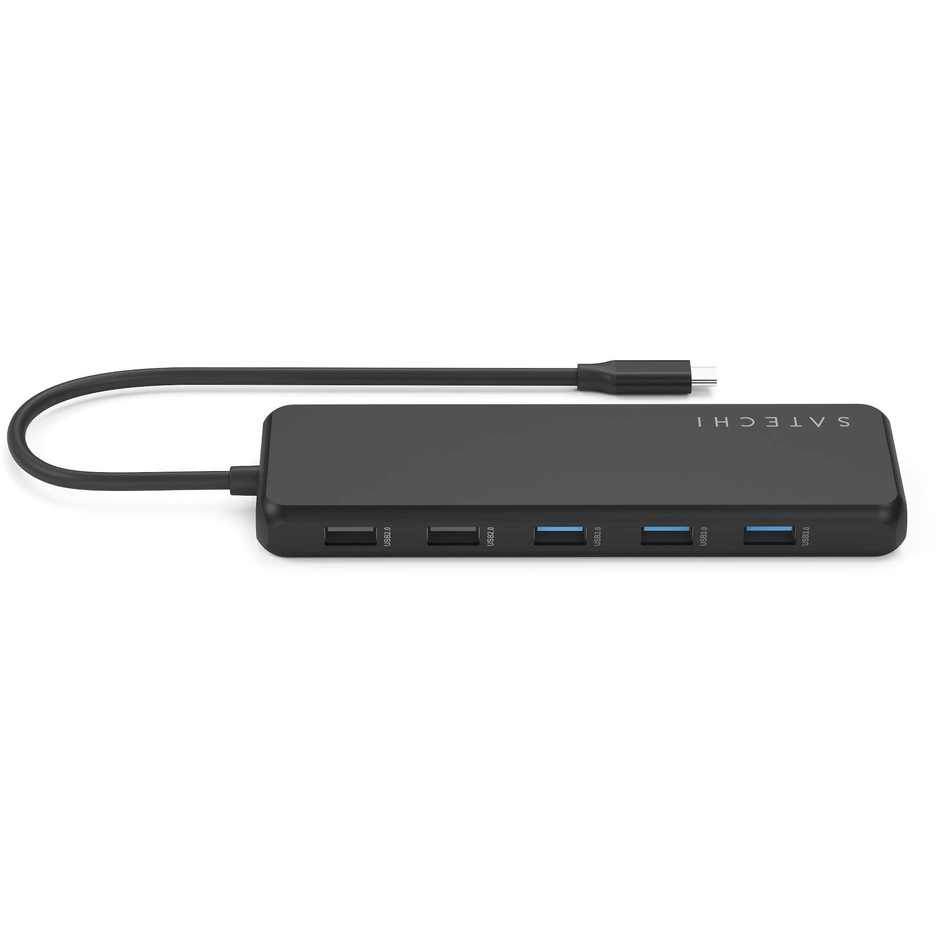 Black slim USB-C multiport hub with dual HDMI and USB ports, front view