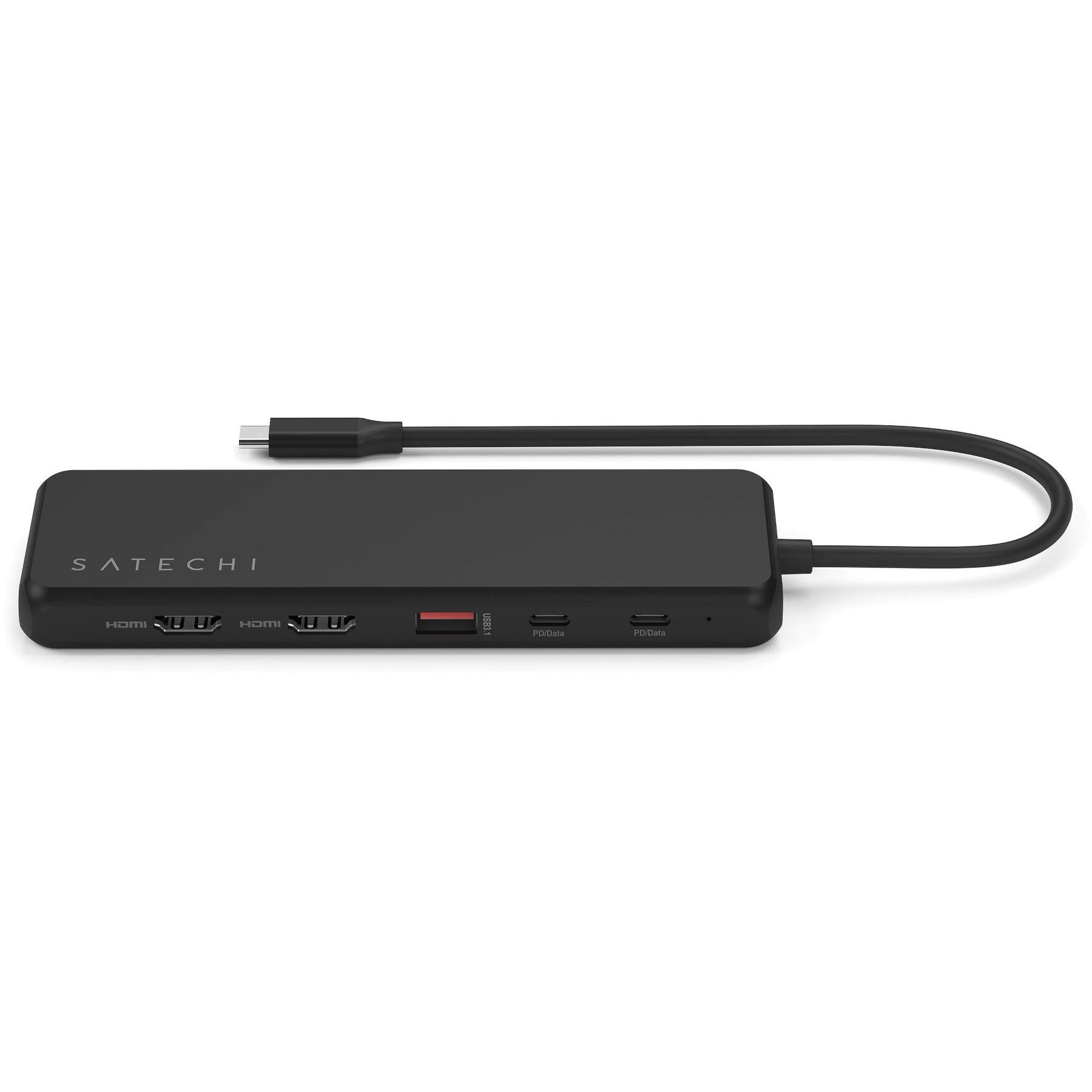 Black slim USB-C multiport hub with front ports and attached USB-C cable