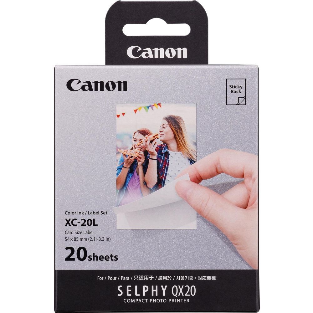 Canon Selphy XC-20L 20 sheets card photo paper box, hand holding sticky label