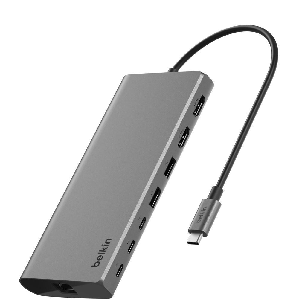 Belkin USB-C hub, gray multiport side view with port cluster and attached cable