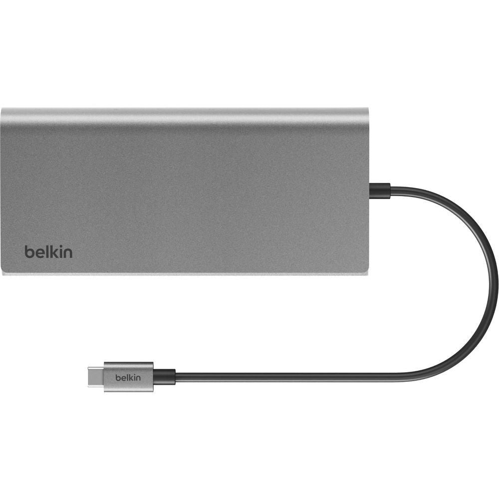Belkin USB-C hub, gray metal body with attached cable and belkin logo