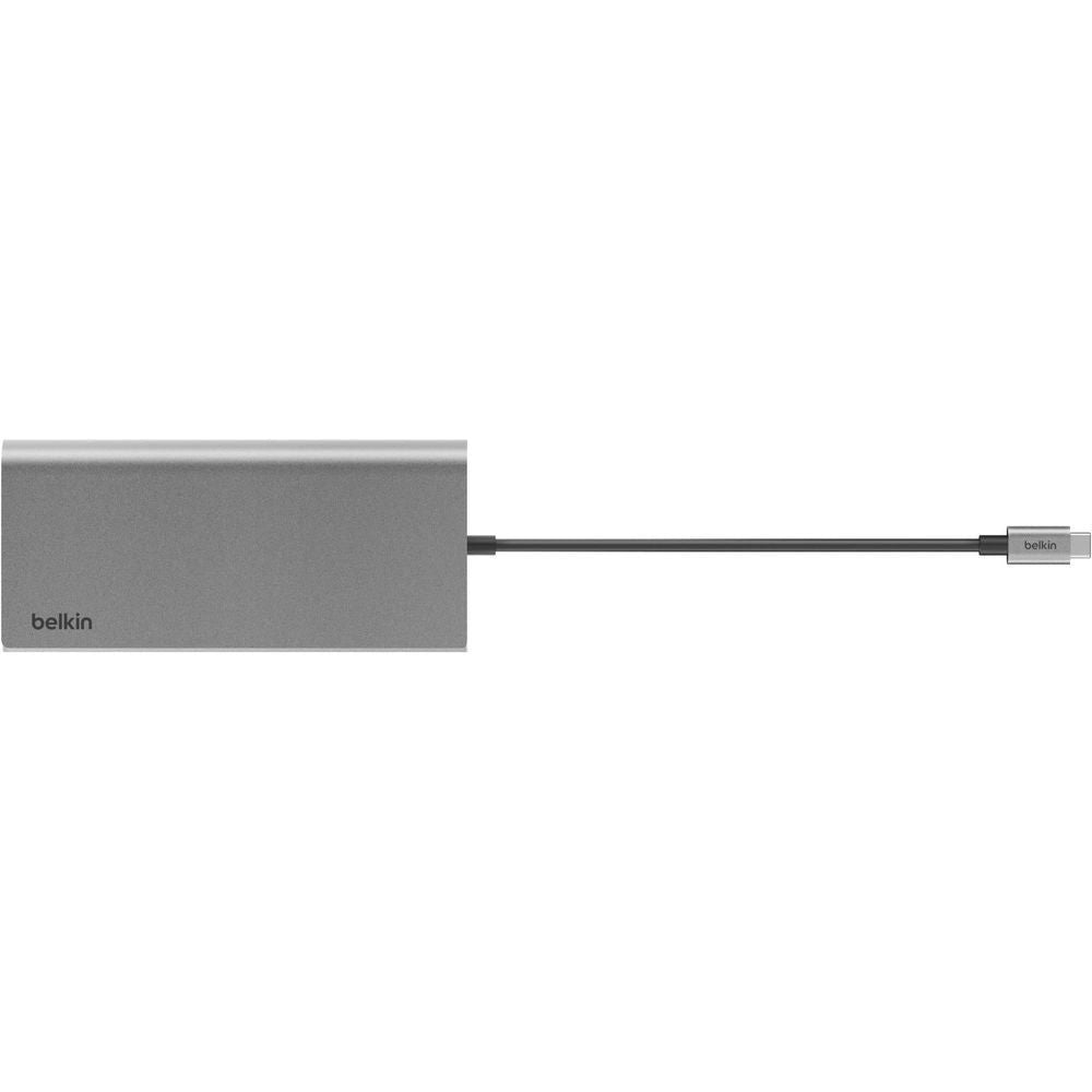 Belkin USB-C hub side view, gray metal body with cable and connector end