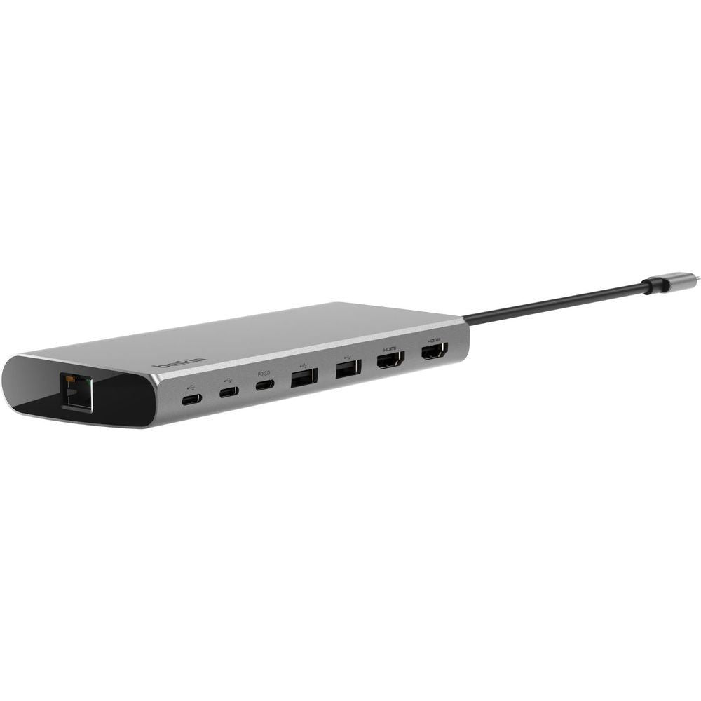 Belkin USB-C hub front ports, gray body with attached cable and port connections