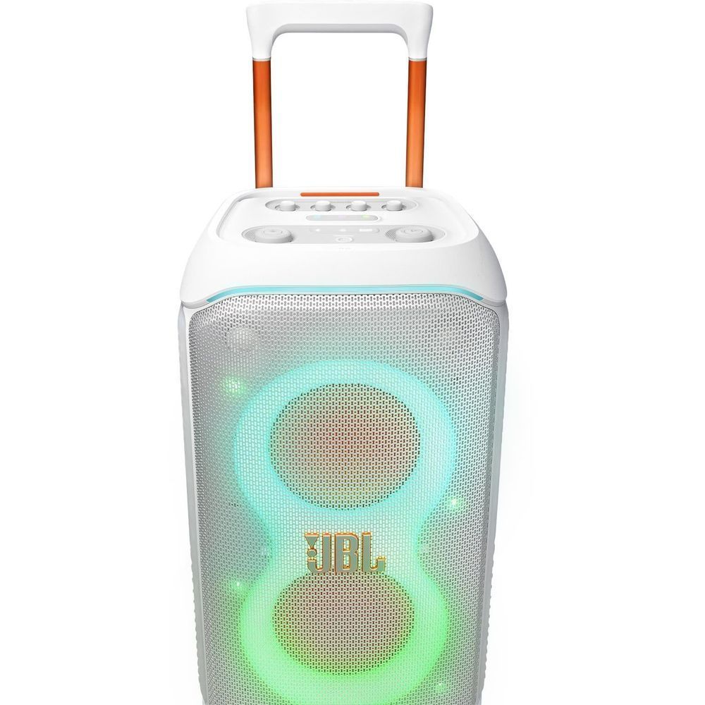 White portable party speaker with dual illuminated speaker cones and JBL logo