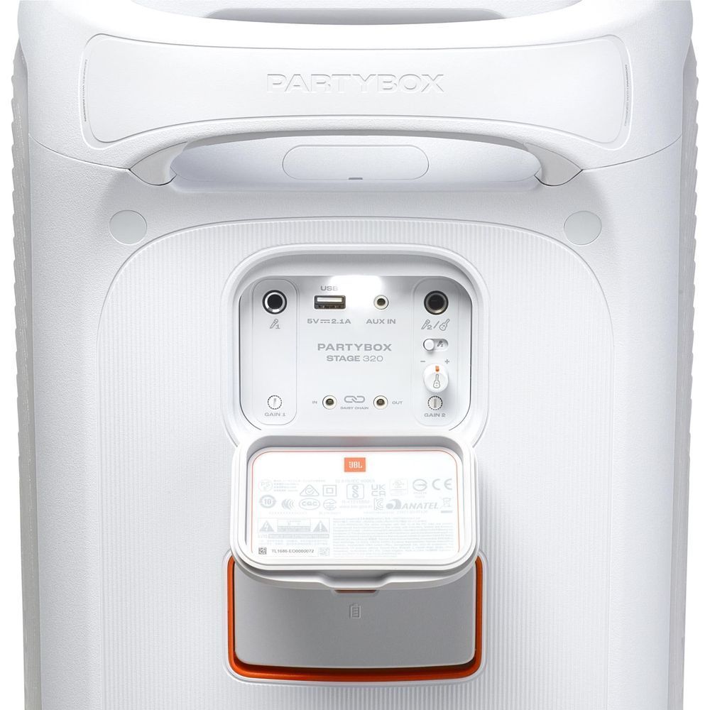 White speaker rear panel with ports and battery compartment cover