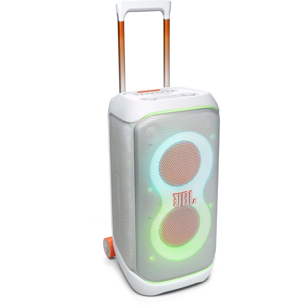 White portable party speaker with orange handle posts and LED-lit speaker grille