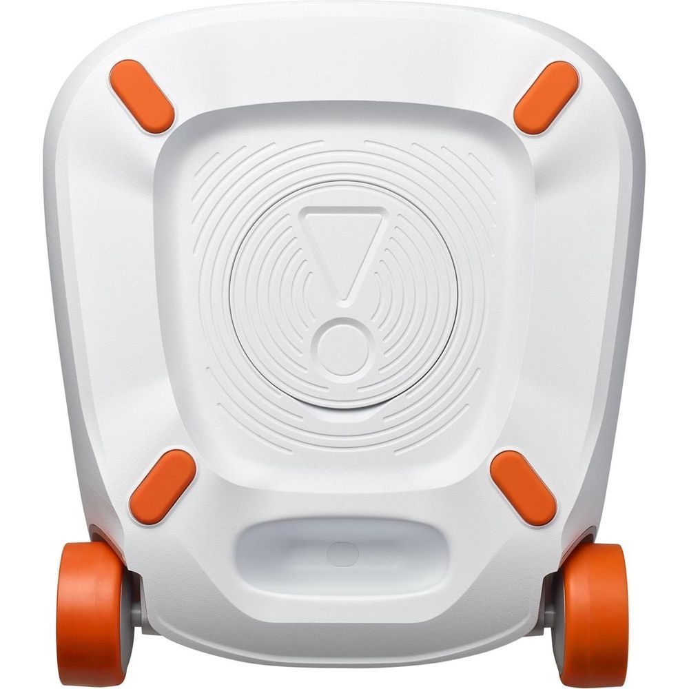 White speaker base with circular speaker pattern and orange corner feet