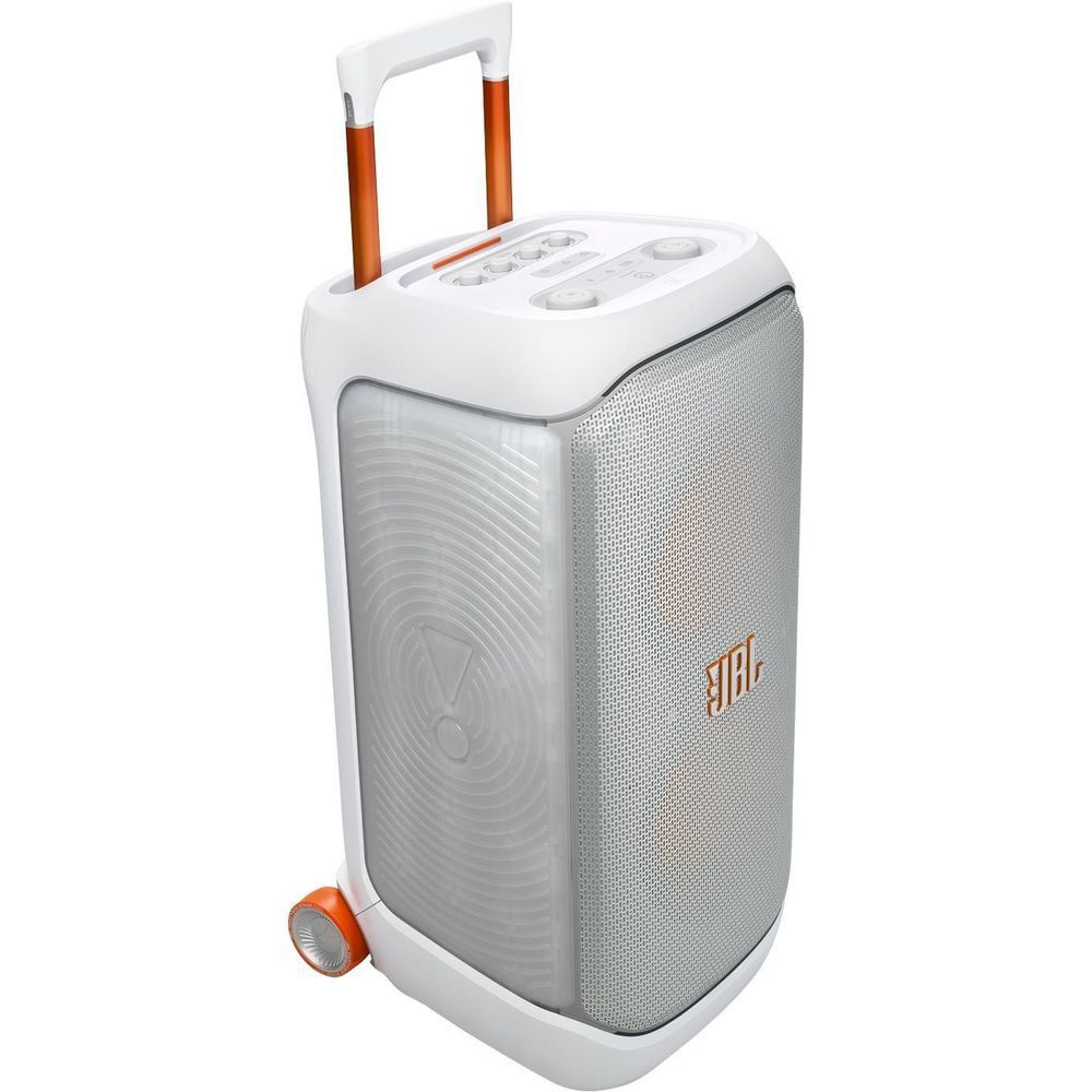 White portable party speaker side with JBL logo and orange handle wheel