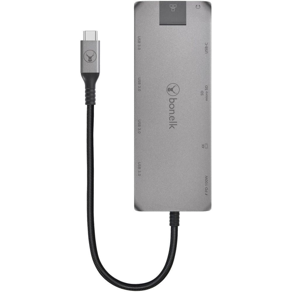 Space gray USB-C hub with connected cable and top side port area