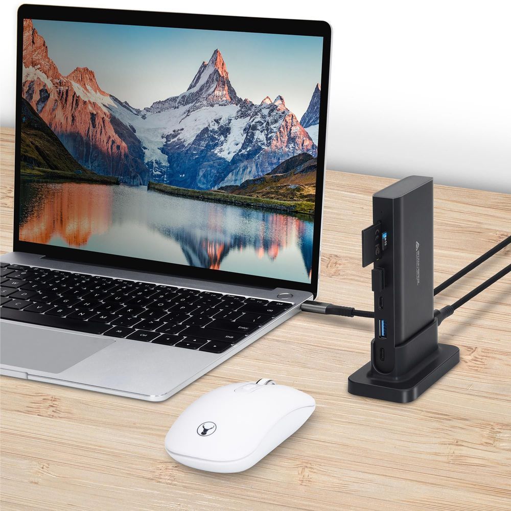 Black desktop USB-C hub dock on stand with visible side ports