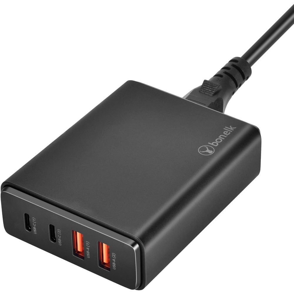 Black desktop charger with USB-C ports and two USB-A ports