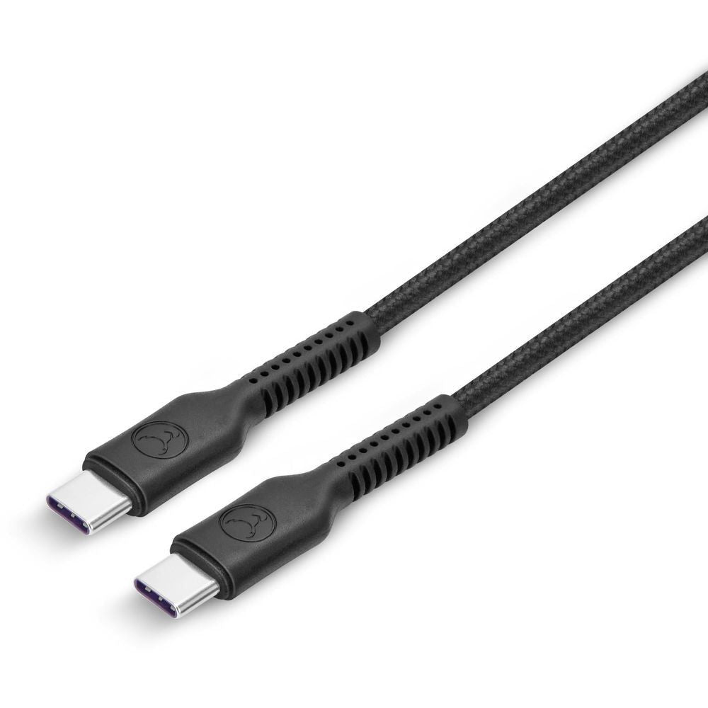 USB-C to USB-C cable tips with dark braided cord and USB-C connector plugs