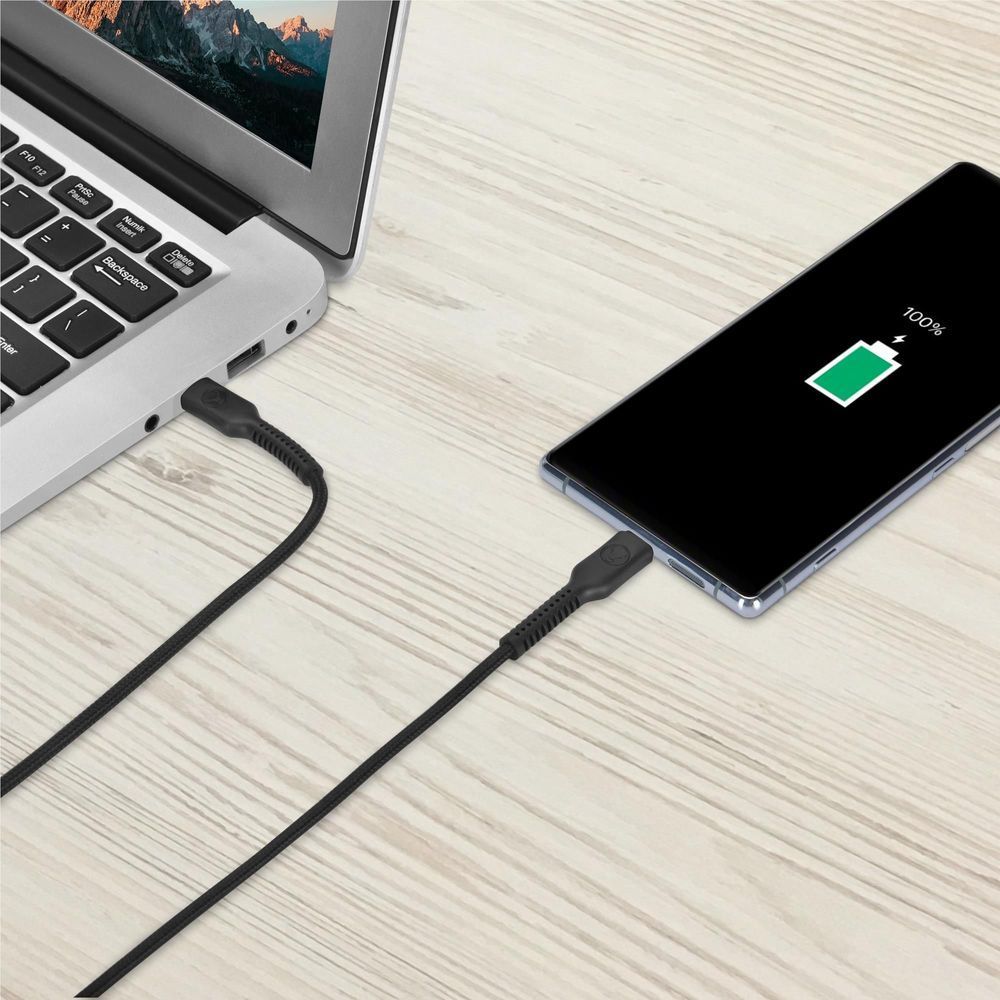 Black USB-C to USB-C cable connecting a laptop to a portable device