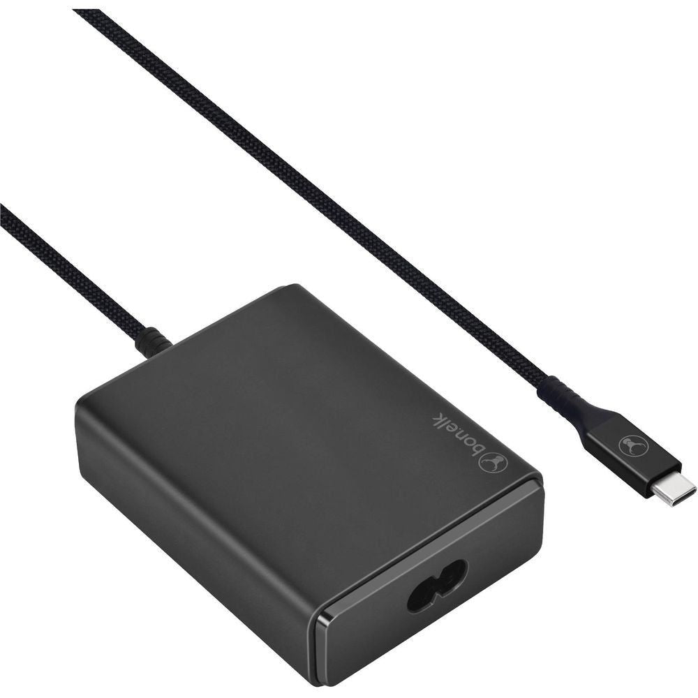 Black GaN charger with built-in USB-C cable and USB-C connector, slim power brick