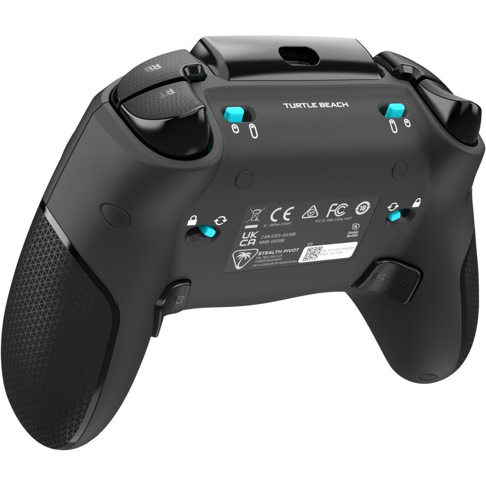 Turtle Beach wireless Xbox controller back, black shell with teal buttons and label markings