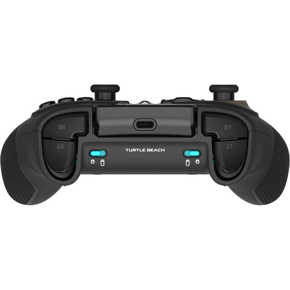 Turtle Beach wireless Xbox controller underside view, black grips with teal indicator buttons