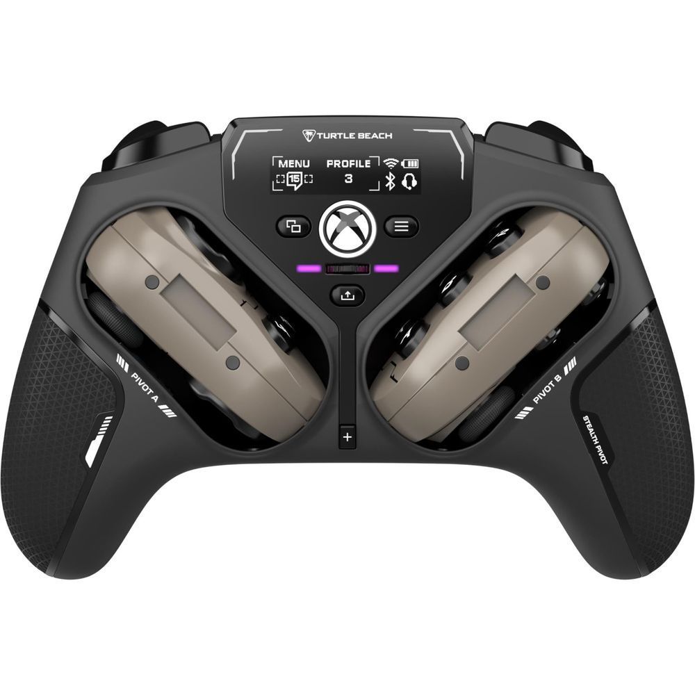 Turtle Beach wireless Xbox controller front view, black with teal accents and light inner paddle panels