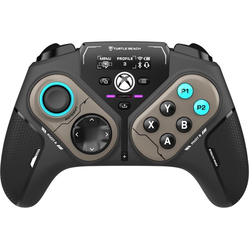Turtle Beach wireless Xbox controller front view, black with teal P1/P2 buttons and A/B/X/Y