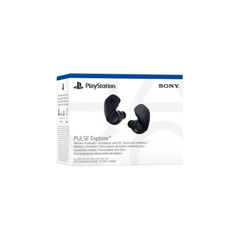 Retail packaging for midnight black wireless earbuds with PlayStation and Sony logos