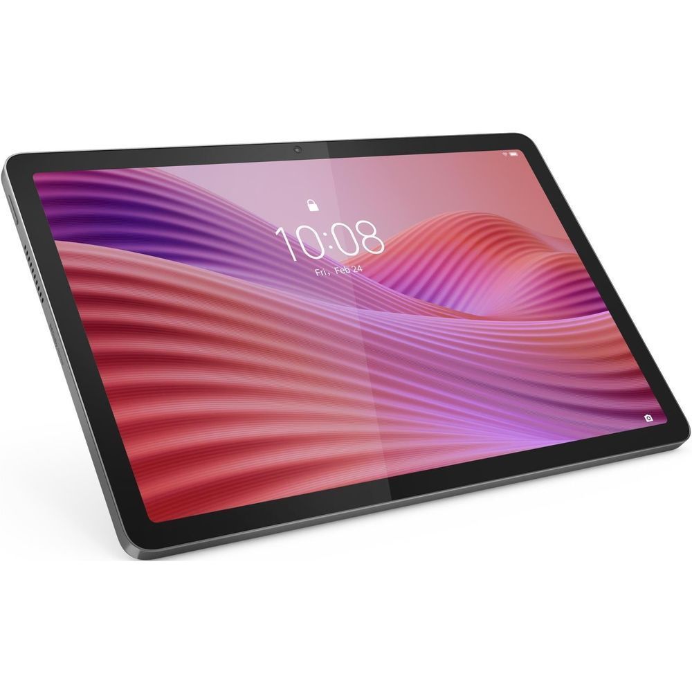 Gray tablet with clear kickstand case, front view with abstract colorful wallpaper