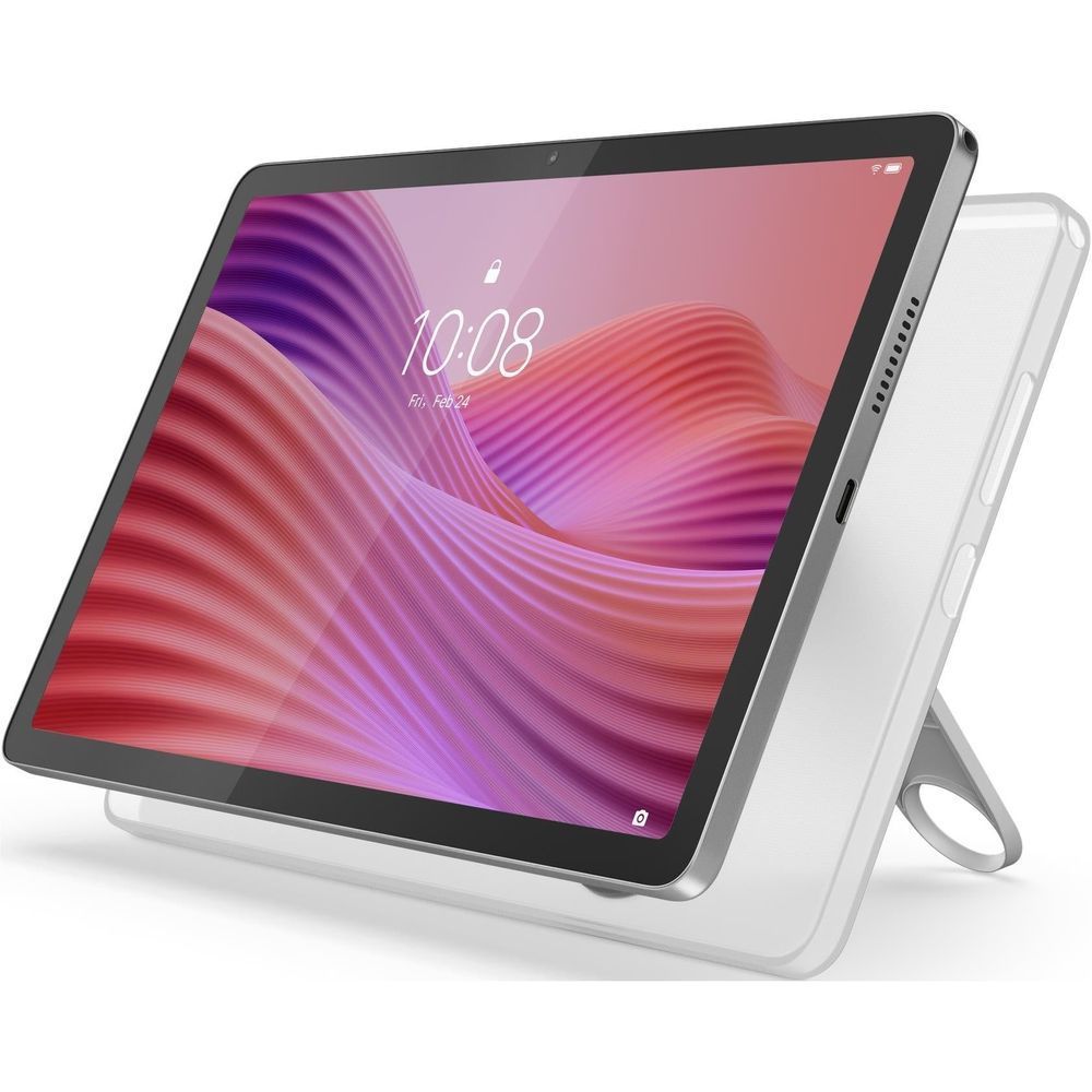 Tablet with clear case and kickstand stand, front view with side ports visible