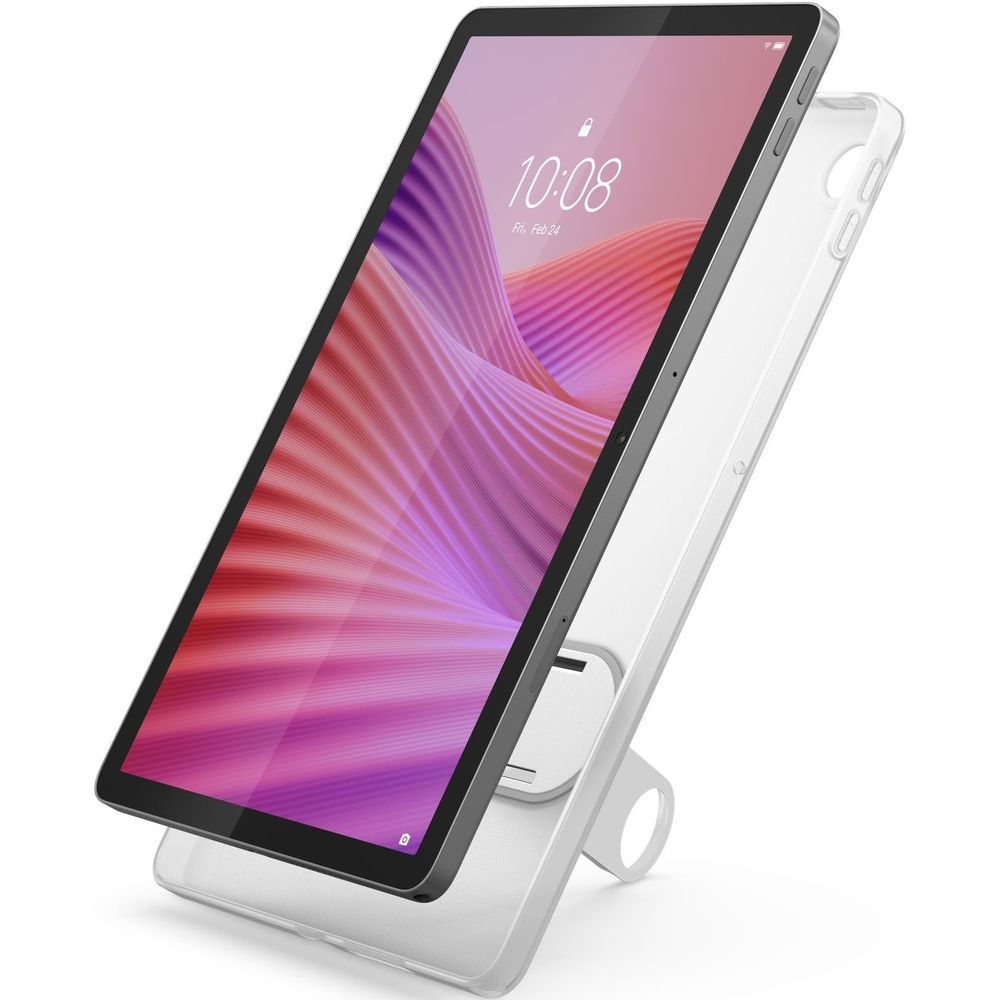 Tablet with clear case and kickstand, angled front view with colorful screen