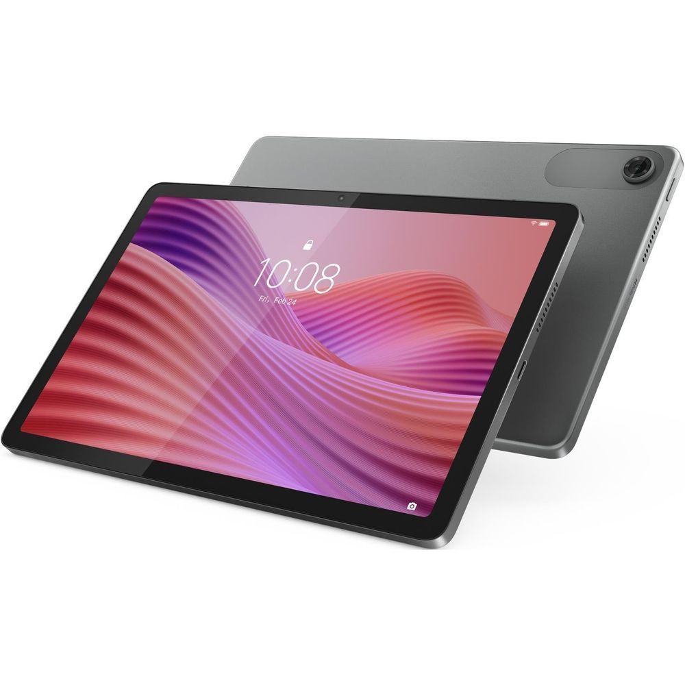 Gray tablet with clear case and kickstand, tilted front view with colorful screen