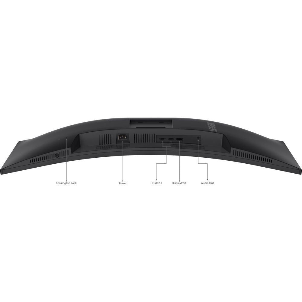 Curved gaming monitor rear panel with ports labeled along the top edge