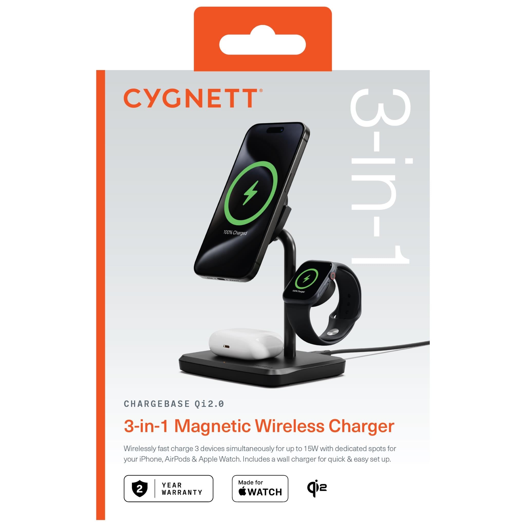 Cygnett Qi2.0 3-in-1 Chargebase (Black)