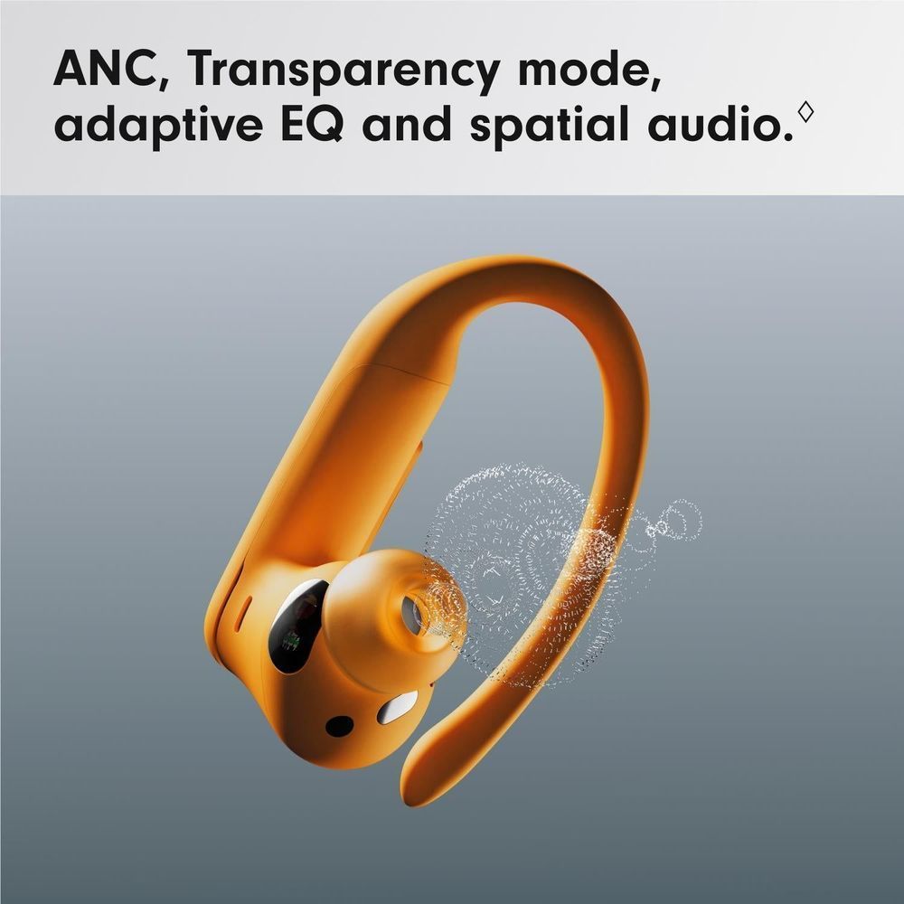 Electric orange earbuds with in-ear tip and secure-fit ear hook