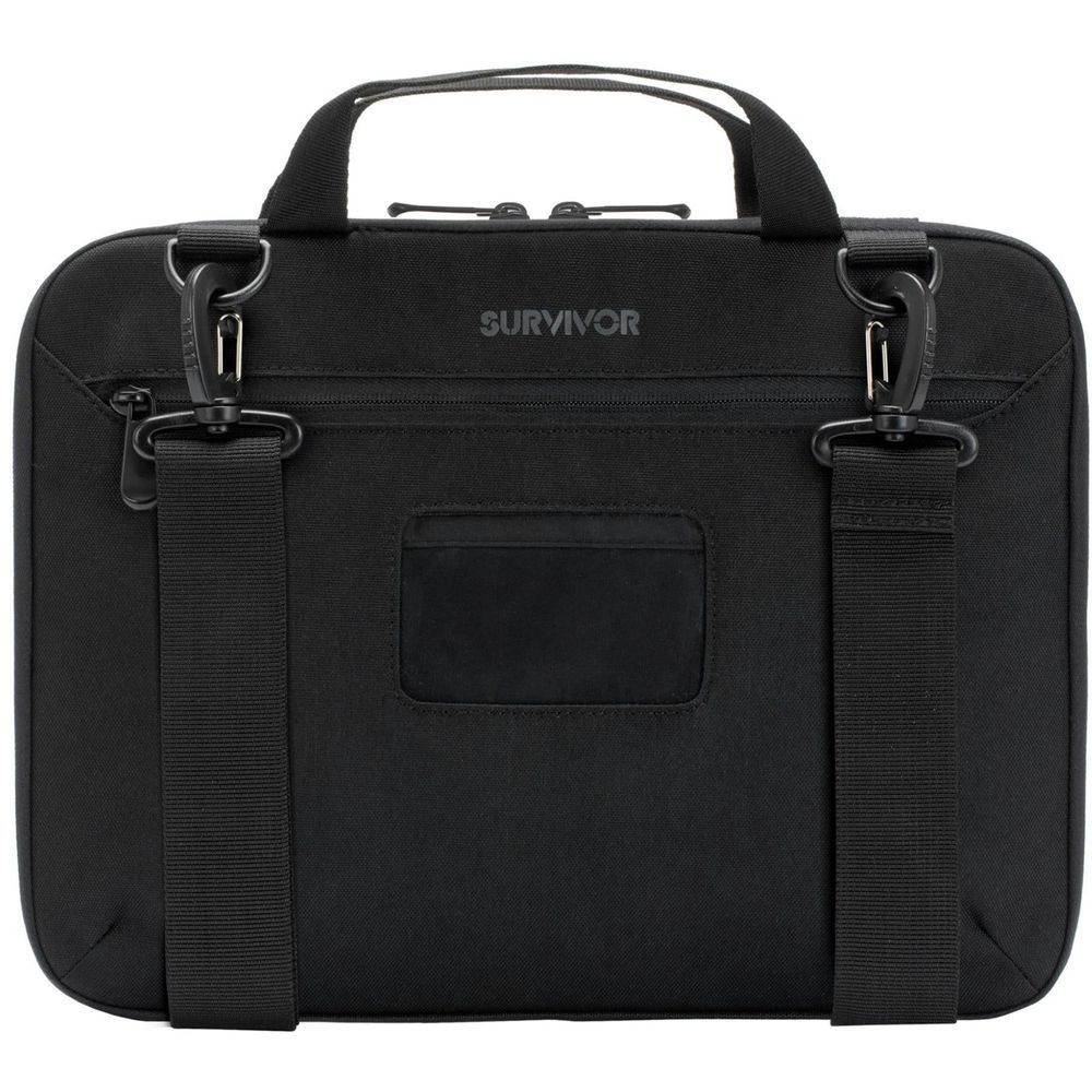 Black laptop case with shoulder strap, front zip pocket, and metal buckles