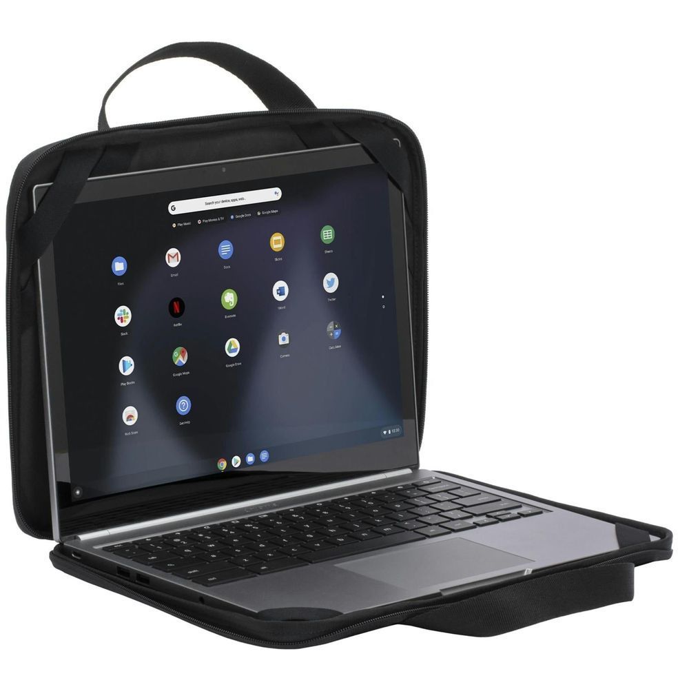 Black laptop case open showing padded screen compartment and keyboard area