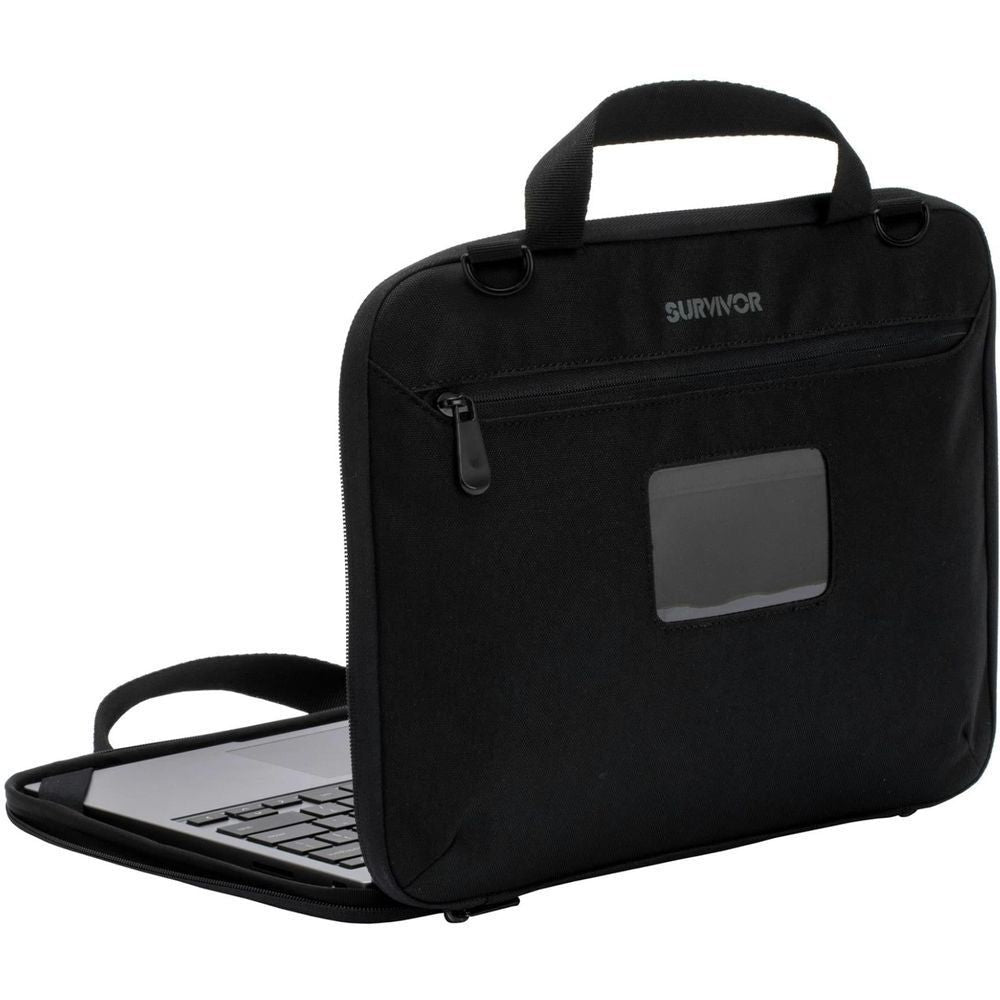 Black laptop case with side zipper and front clear-window pocket