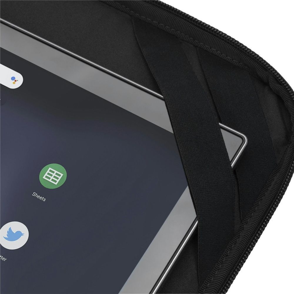 Laptop case open at the corner with inner straps and zippered edge