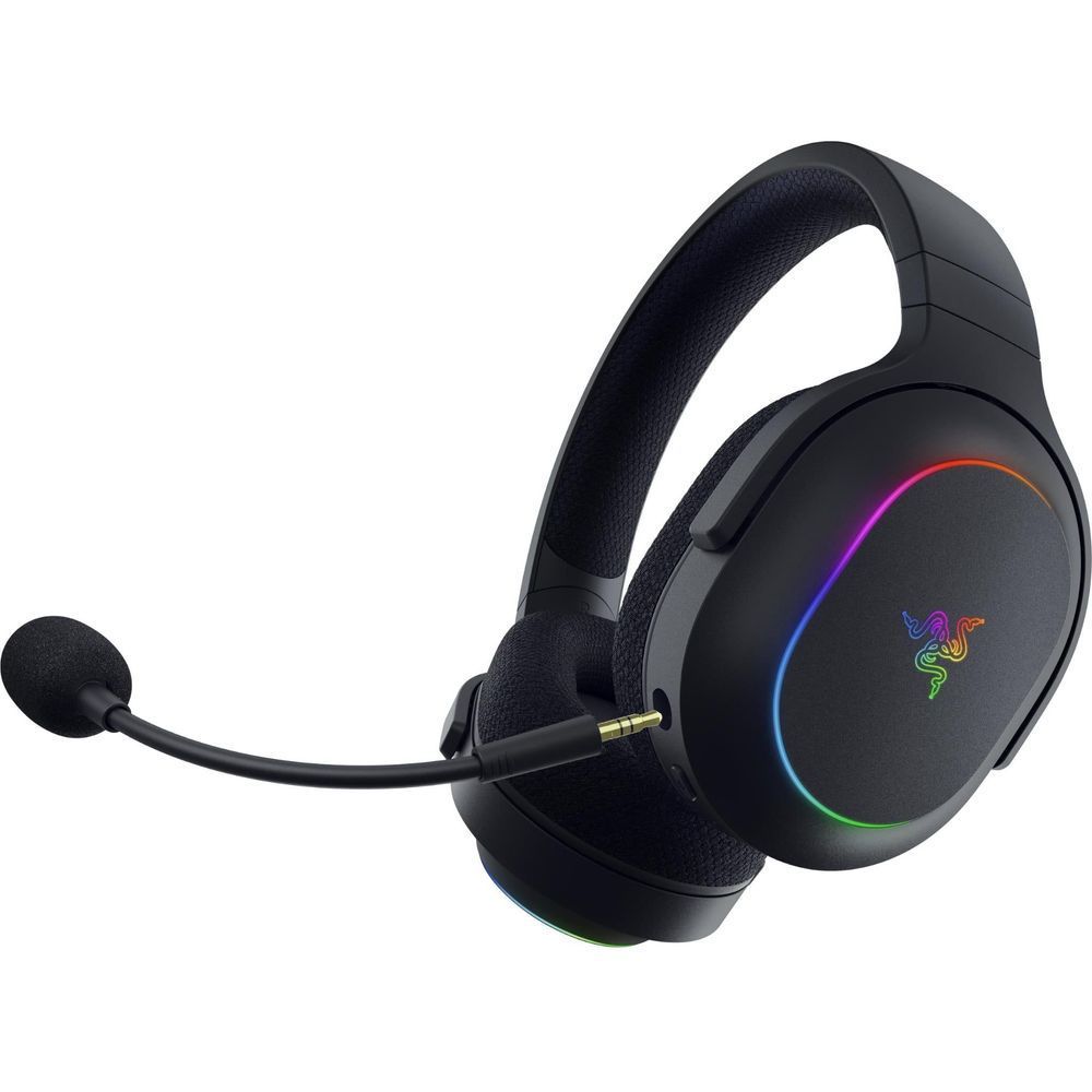 Black over-ear headset with RGB Chroma ring lights and attached boom microphone.