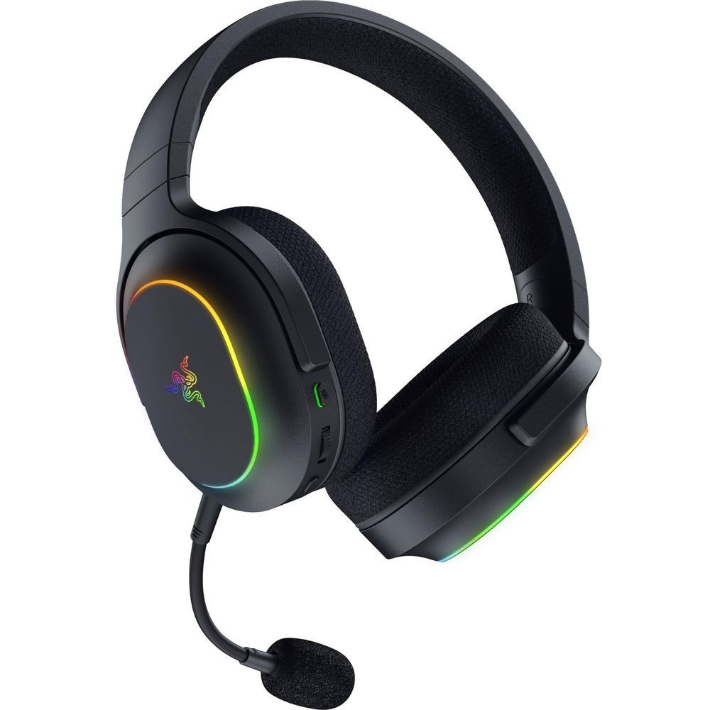 Black over-ear headset with RGB Chroma ear rings and attached wired boom mic.