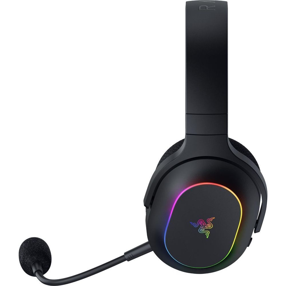 Black over-ear wireless headset with RGB Chroma ear-ring lights and boom mic.