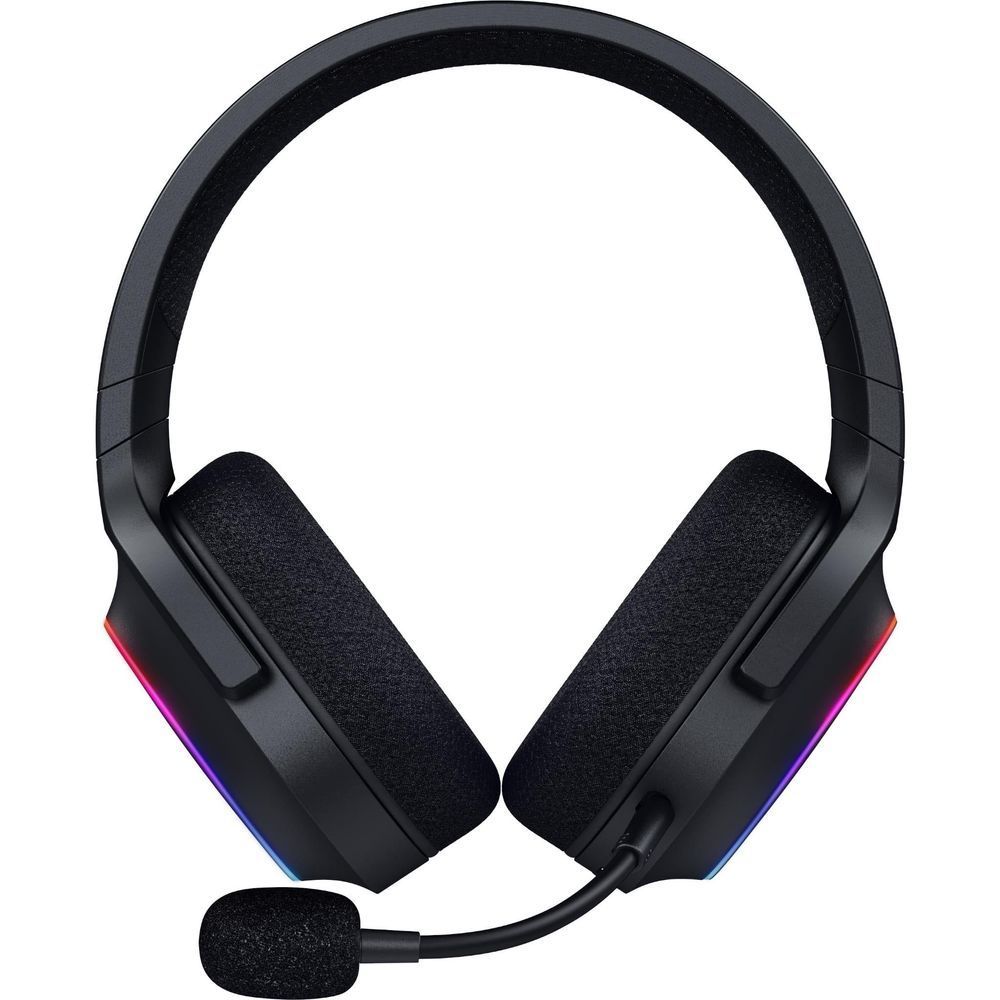Black over-ear headset front view with RGB Chroma side lights and boom mic.