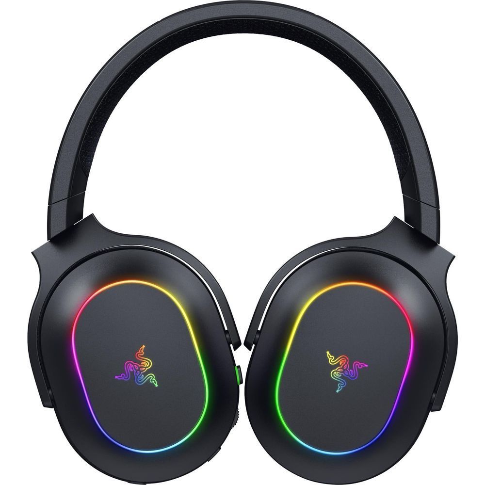Black over-ear wireless headset with dual RGB Chroma ear rings and Razer logo.