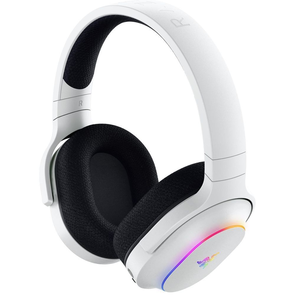 White over-ear wireless gaming headset with black cushioned ear pads
