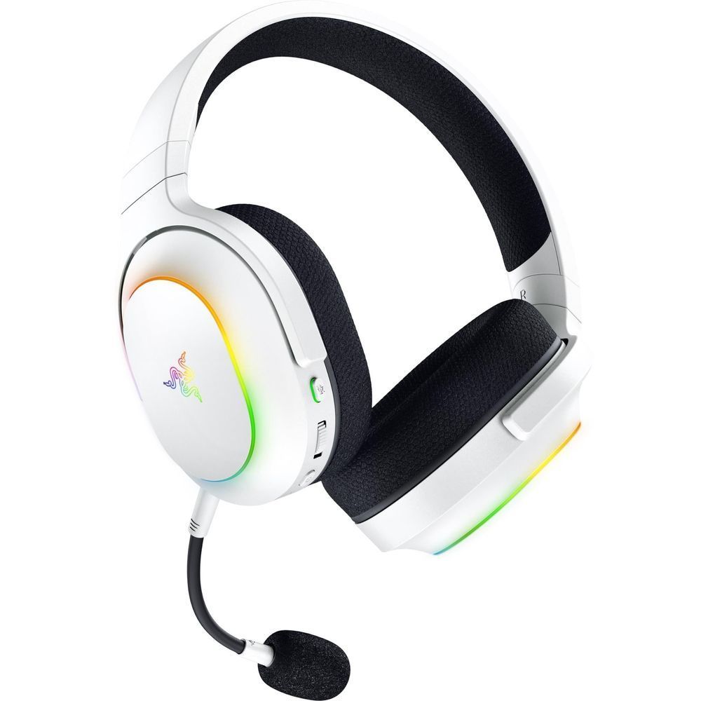 White wireless gaming headset with boom mic and RGB-lit ear cup ring
