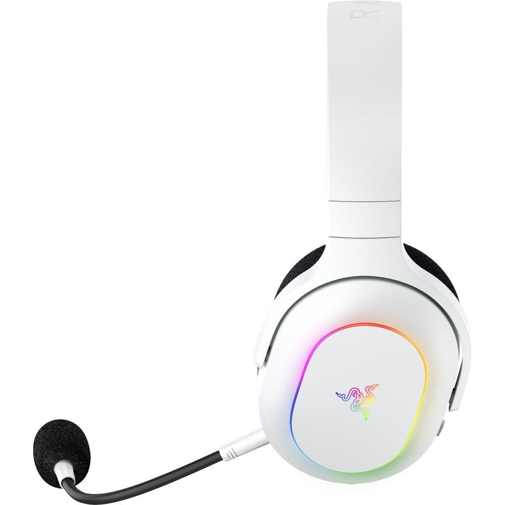 White wireless gaming headset with RGB-lit ear cup and boom mic