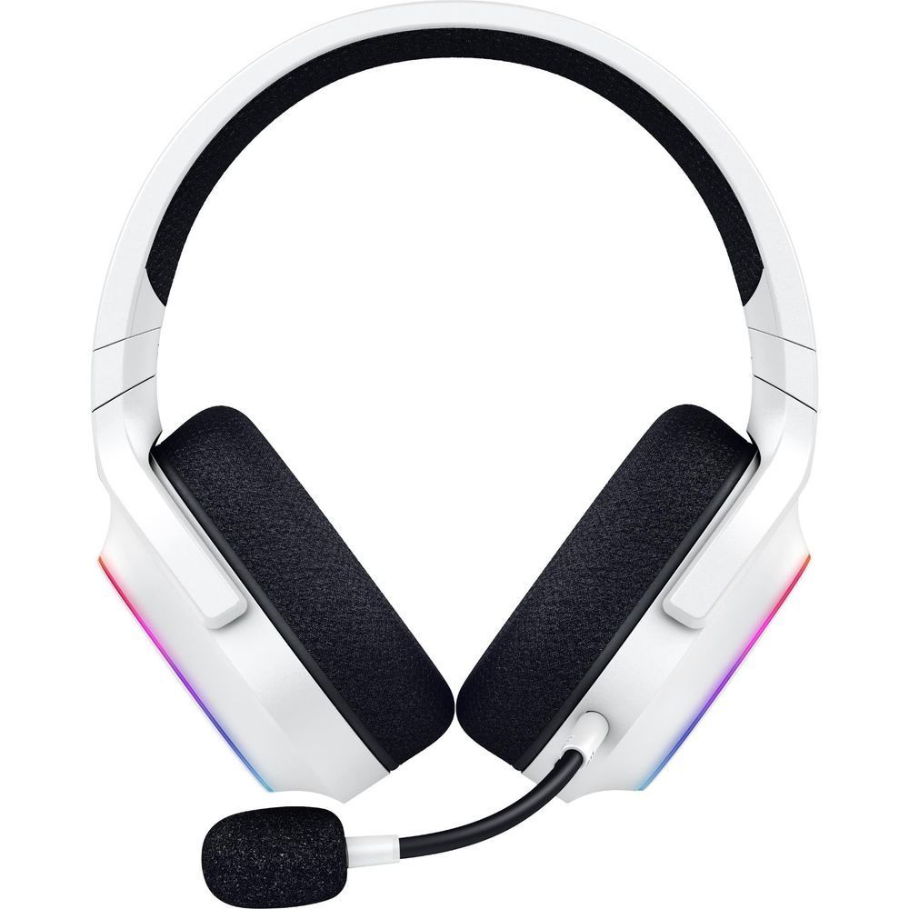White over-ear headset with black cushions and glowing RGB trim
