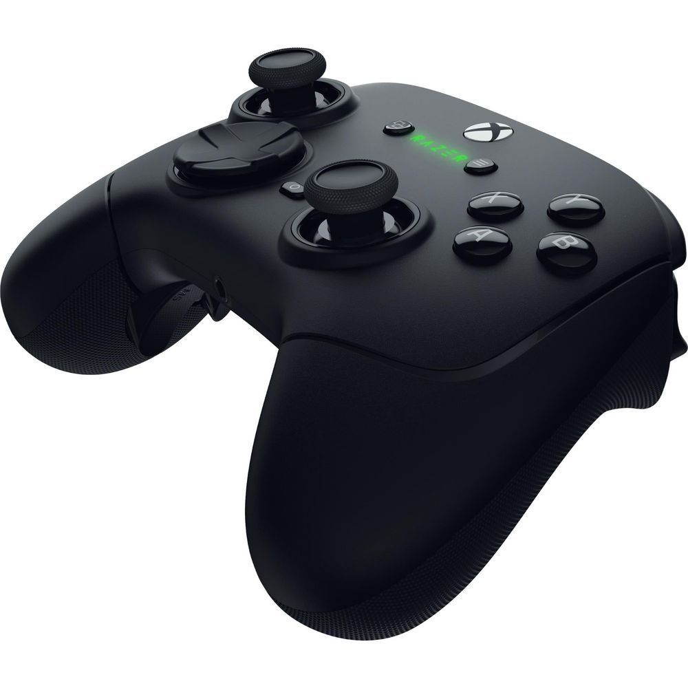 Black gaming controller with illuminated buttons and textured grips