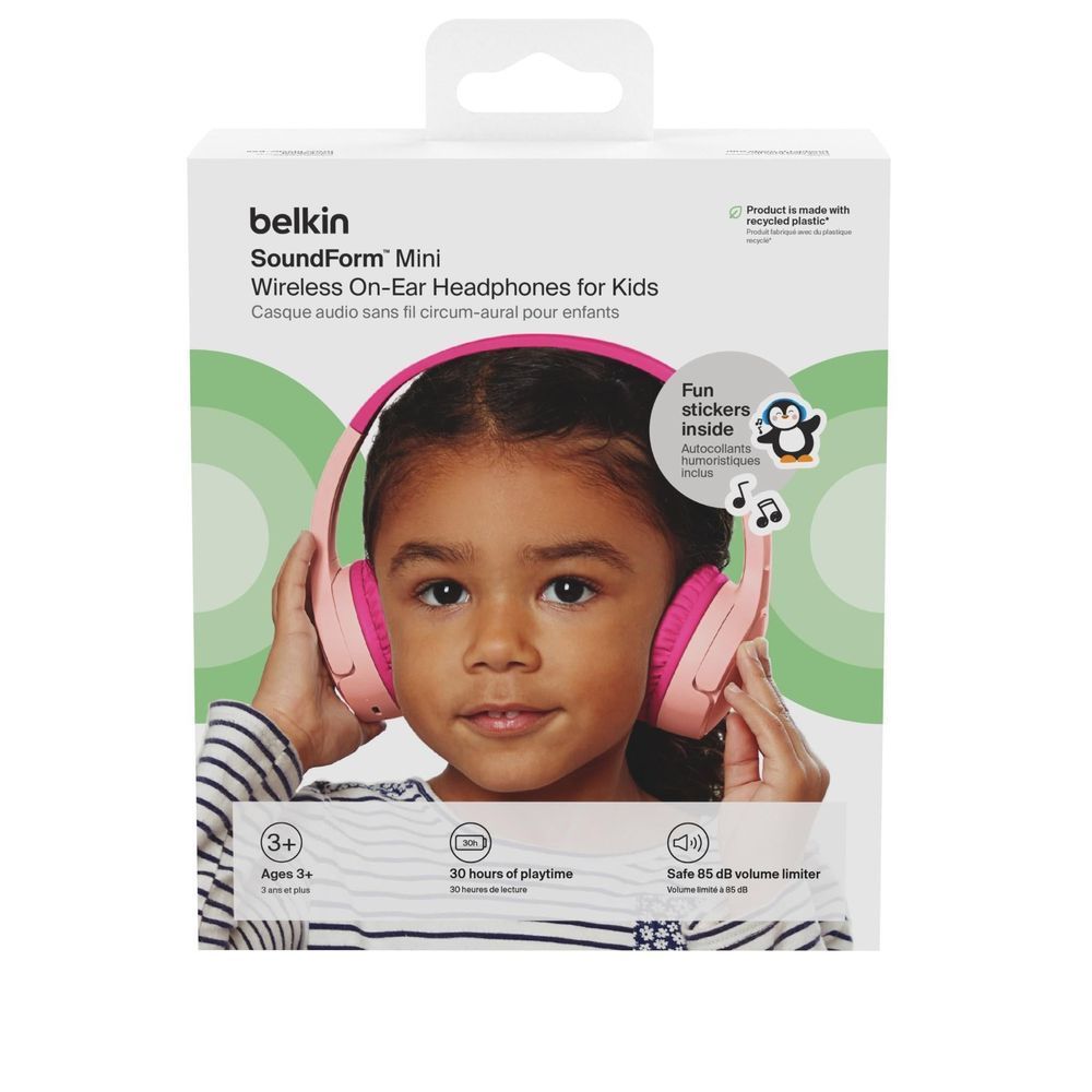 Belkin SoundForm Mini kids wireless on-ear headphones box, pink headset shown