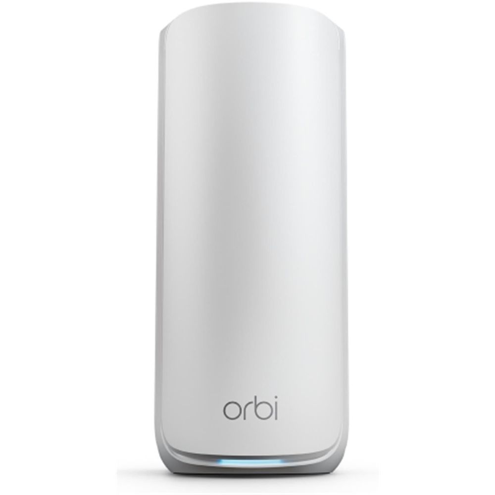 White Orbi mesh WiFi 7 satellite, front view with Orbi logo